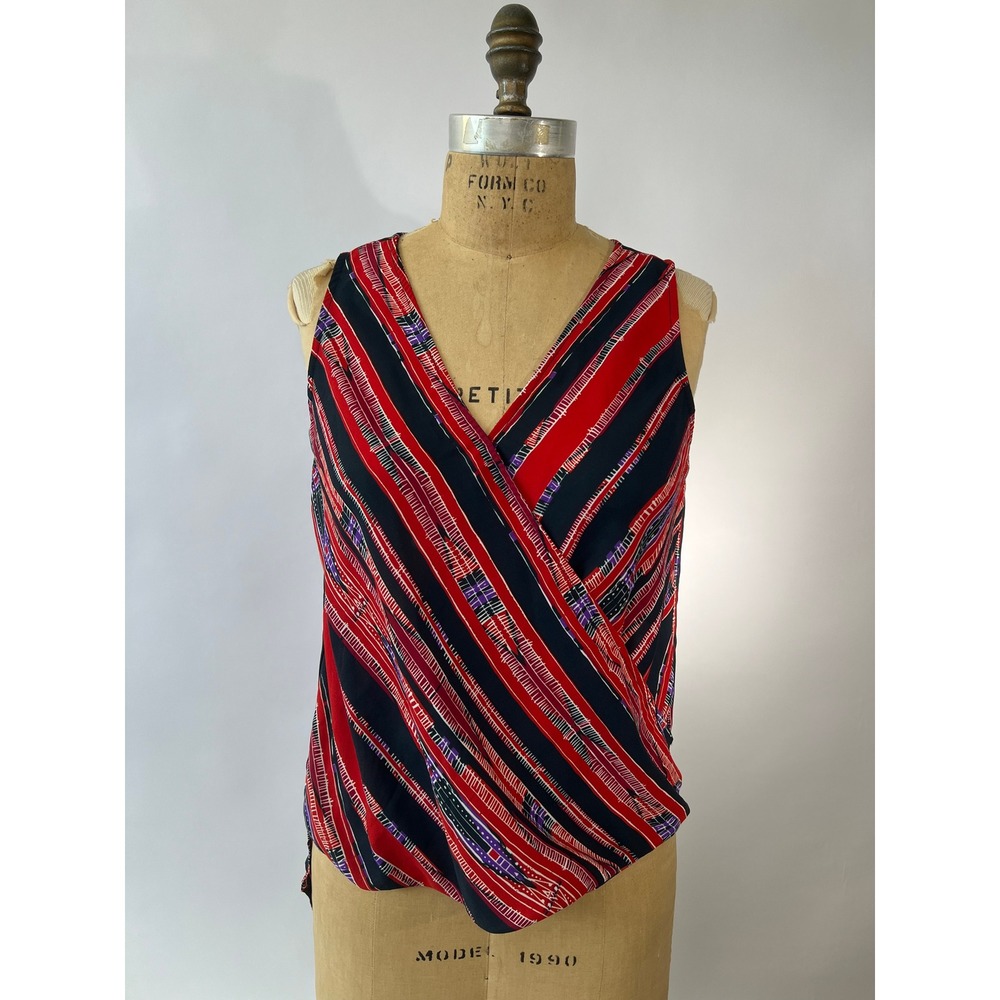 Abbeline XS Red Black Tribal Stripe Surplice V-Neck High Low Tank Top Blouse